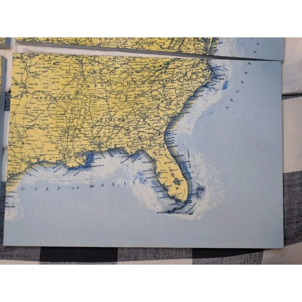 Pottery Barn Modular 4-Panel US Map Wall Art Large Vintage Style Wood Framed